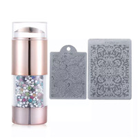 Зображення  Подвійний штамп для стемпінгу зі стразами + 2 скрапери (прозора та молочна подушечки) Різнокольорові