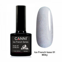 Изображение  Базовое покрытие Ice French base CANNI 01 молочный полупрозрачный с серебряным блеском, 7,3 мл, Объем (мл, г): 7.3, Цвет: 01