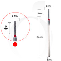 Зображення  Фреза алмазна циліндр червона 1 мм, робоча частина 9 мм