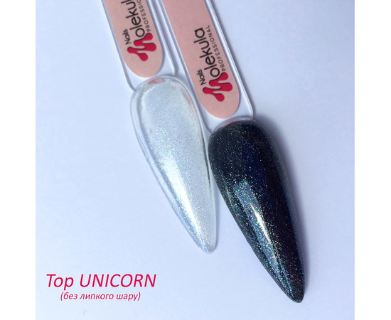 Зображення 3 Топ каучуковий для гель-лаку без липкого шару Nails Molekula Top Rubber Unicorn No Sticky з дрібними райдужними частинками 12 мл