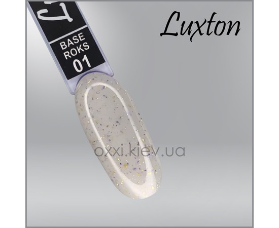 Зображення 2 Камуфлююча база LUXTON Roks Base 15 мл, № 1 молочний з міксом блискіток і слюди золотого та бузкового кольору, Об'єм (мл, г): 15, Колір: 001