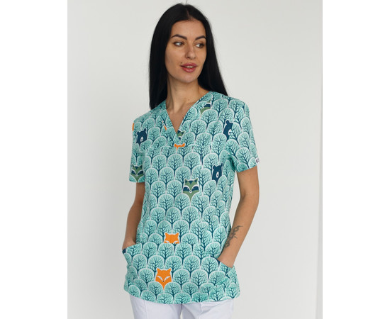 Зображення 2 Медичний костюм з принтом жіночий Топаз Лісові звірята білий р. 40, "БІЛИЙ ХАЛАТ" 138-324-768, Розмір: 40, Цвет: лісові звірята білий