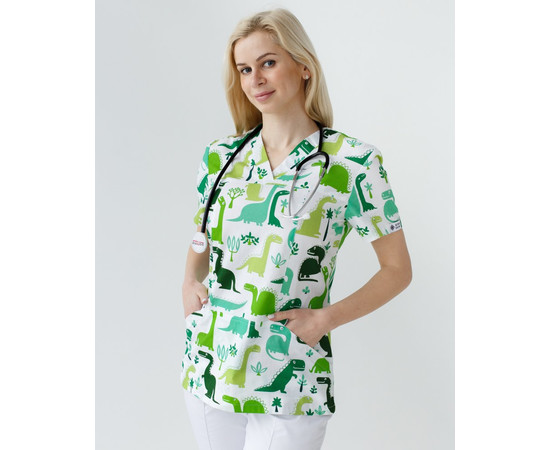 Зображення 3 Медичний костюм з принтом жіночий Топаз зелений динозаври р. 40, "БІЛИЙ ХАЛАТ" 137-324-769, Розмір: 40, Цвет: динозаври зелений