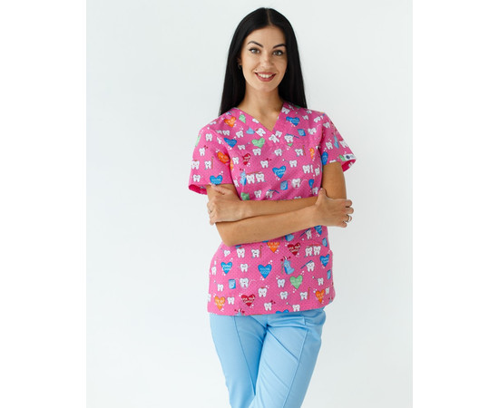 Зображення 3 Медичний костюм із принтом жіночий Топаз Teeth pink р. 40, "БІЛИЙ ХАЛАТ" 138-337-623, Розмір: 40, Цвет: teeth pink