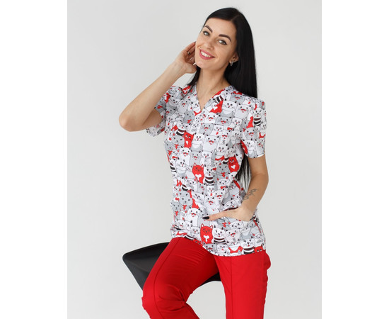 Зображення 3 Медичний костюм з принтом жіночий Топаз коти червоні р. 40, "БІЛИЙ ХАЛАТ" 138-339-643, Розмір: 40, Цвет: коти червоні