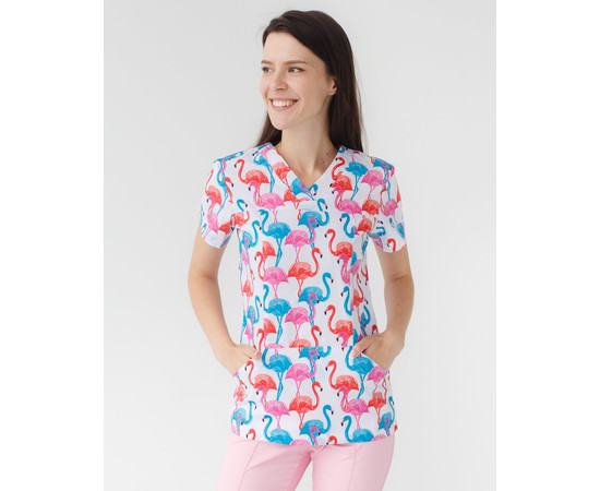 Зображення 3 Медичний костюм з принтом жіночий Топаз фламінго кольорові р. 40, "БІЛИЙ ХАЛАТ" 138-337-660, Розмір: 40, Цвет: фламінго кольорові