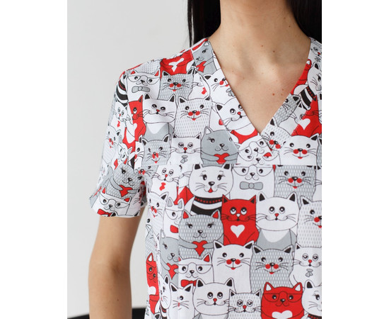 Зображення 4 Медичний костюм з принтом жіночий Топаз коти червоні р. 40, "БІЛИЙ ХАЛАТ" 138-339-643, Розмір: 40, Цвет: коти червоні