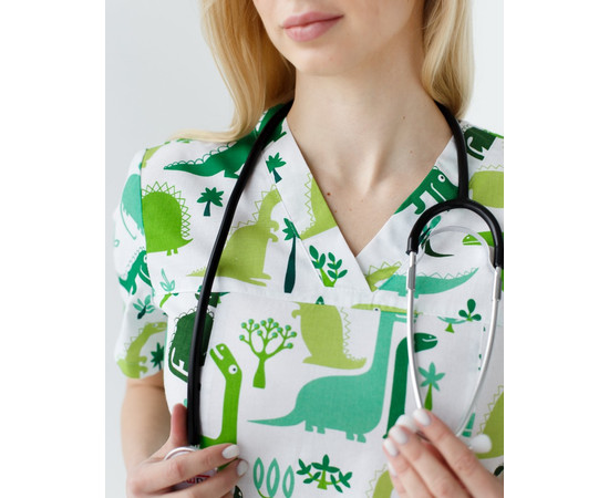 Зображення 4 Медичний костюм з принтом жіночий Топаз зелений динозаври р. 40, "БІЛИЙ ХАЛАТ" 137-324-769, Розмір: 40, Цвет: динозаври зелений