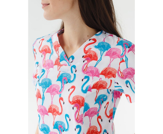Зображення 4 Медичний костюм з принтом жіночий Топаз фламінго кольорові р. 40, "БІЛИЙ ХАЛАТ" 138-337-660, Розмір: 40, Цвет: фламінго кольорові