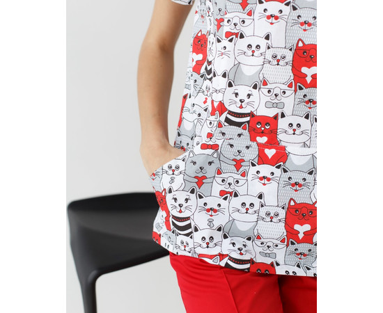 Зображення 5 Медичний костюм з принтом жіночий Топаз коти червоні р. 40, "БІЛИЙ ХАЛАТ" 138-339-643, Розмір: 40, Цвет: коти червоні