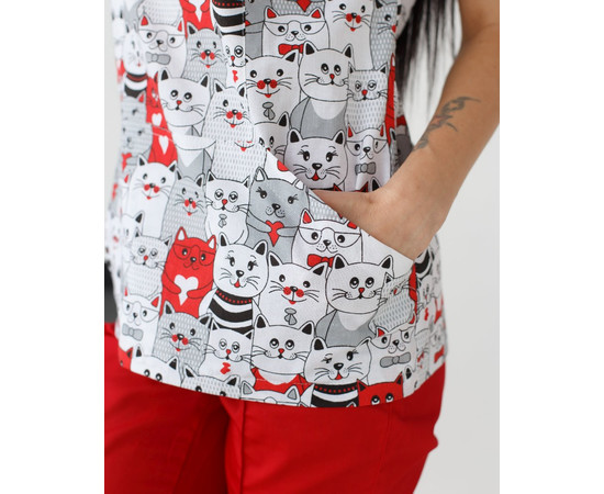 Зображення 7 Медичний костюм з принтом жіночий Топаз коти червоні р. 40, "БІЛИЙ ХАЛАТ" 138-339-643, Розмір: 40, Цвет: коти червоні