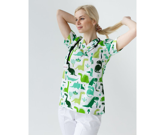 Зображення 8 Медичний костюм з принтом жіночий Топаз зелений динозаври р. 40, "БІЛИЙ ХАЛАТ" 137-324-769, Розмір: 40, Цвет: динозаври зелений