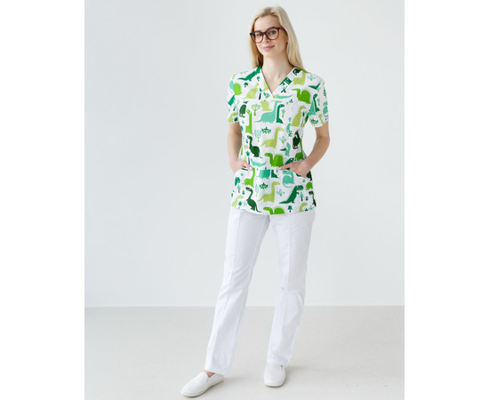 Зображення 9 Медичний костюм з принтом жіночий Топаз зелений динозаври р. 40, "БІЛИЙ ХАЛАТ" 137-324-769, Розмір: 40, Цвет: динозаври зелений