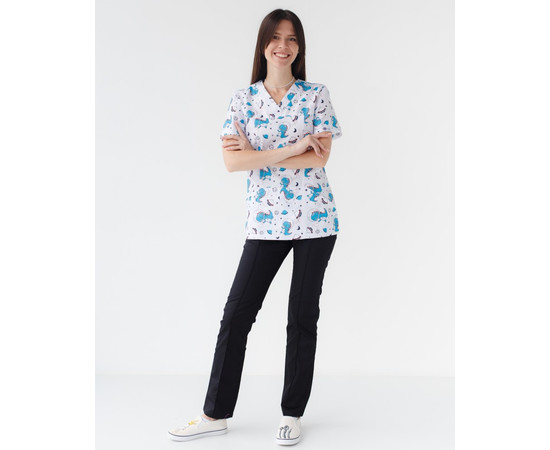 Зображення 9 Медичний костюм з принтом жіночий Топаз космозавр чорний р. 48, "БІЛИЙ ХАЛАТ" 137-321-771, Розмір: 48, Цвет: космозавр чорний