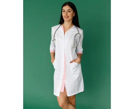 Зображення 2 Медичний жіночий халат Олівія на гудзиках білий-рожевий р. 40, "БІЛИЙ ХАЛАТ" 159-363-677, Розмір: 40, Цвет: білий-рожевий