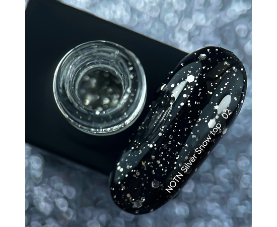 Зображення 2 Nails Of The Night Silver Snow Top №02 – топ зі срібними шестигранниками різних розмірів, без липкої кулі, 10 мл, Об'єм (мл, г): 10, Колір: 02