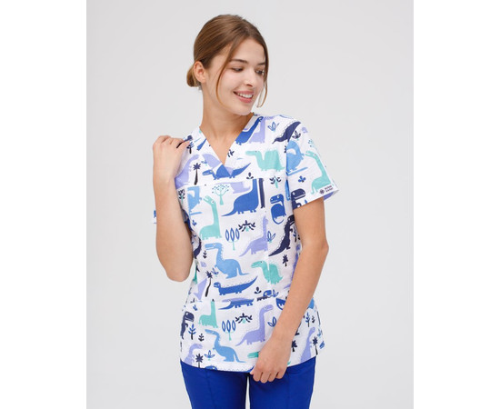 Зображення 3 Медичний костюм з принтом жіночий Топаз Динозаври синій р. 42, "БІЛИЙ ХАЛАТ" 138-322-859, Розмір: 42, Цвет: динозаври синій