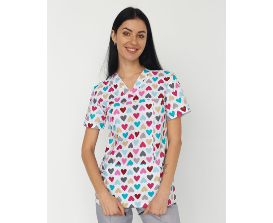 Изображение 2 Медицинская рубашка женская Топаз принт Сердца серый р. 40, "БЕЛЫЙ ХАЛАТ" 126-484-705, Размер: 40, Цвет: сердца серый