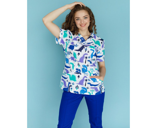Изображение 5 Медицинская рубашка женская Топаз принт динозавры электрик р. 50, "БЕЛЫЙ ХАЛАТ" 126-334-640, Размер: 50, Цвет: динозавр электрик
