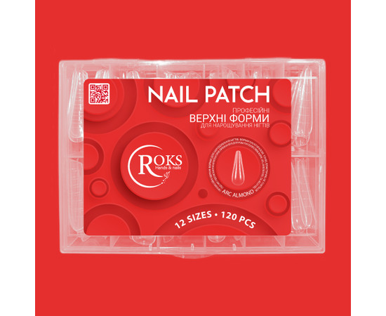 Зображення 2 Верхні форми для нарощування нігтів Roks ARC ALMOND, арочний мигдаль, з розміткою, прозорі 120 шт