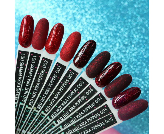 Изображение 3 Гель-лак Red Hot Kira Peppers №001 (рубиновый с ярко-красными блестками), 6 мл, Объем (мл, г): 6, Цвет: 001