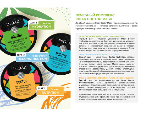 Изображение 4 Маска лечение волос масло Кокоса и Арганы Inoar Doctor Nutrition Mask, 250 г