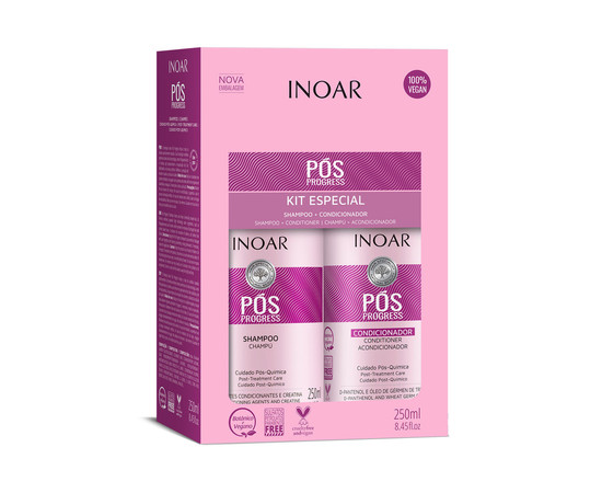Зображення 2 Безсульфатний шампунь та кондиціонер, з рідким шовком після хімічної та біозавивки, Inoar POS Рrogress, 2х250 мл