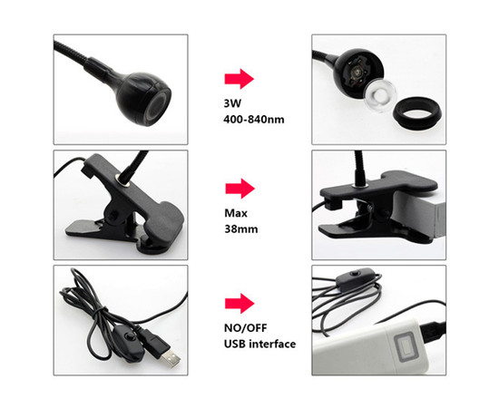 Изображение 2 Лампа UV для сушки гель лака, гелевых типс с USB-разъемом (настольная, гибкая, с прищепкой), 5 Вт. Чёрный