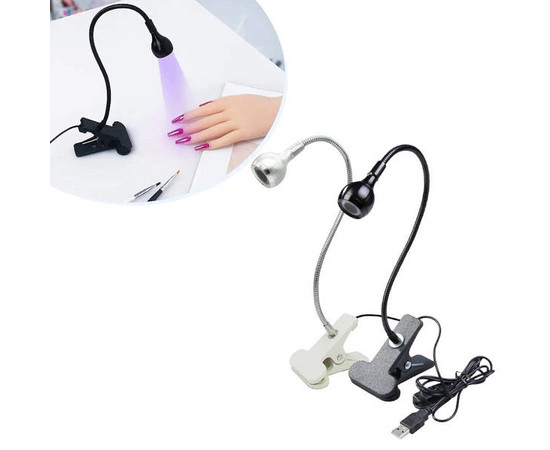 Изображение 3 Лампа UV для сушки гель лака, гелевых типс с USB-разъемом (настольная, гибкая, с прищепкой), 5 Вт. Чёрный
