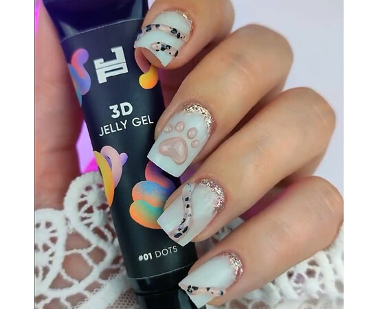 Зображення 2 Гель для об'ємних дизайнів Jerden Proff 3D Jelly Gel 01 Dots прозорий з чорними пластівцями, 8 г, Об'єм (мл, г): 8, Колір: 01