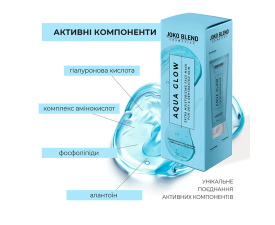 Зображення 3 Екстразволожуюча маска для обличчя з гіалуроновою кислотою Joko Blend Aqua Glow Face Mask, 75 мл