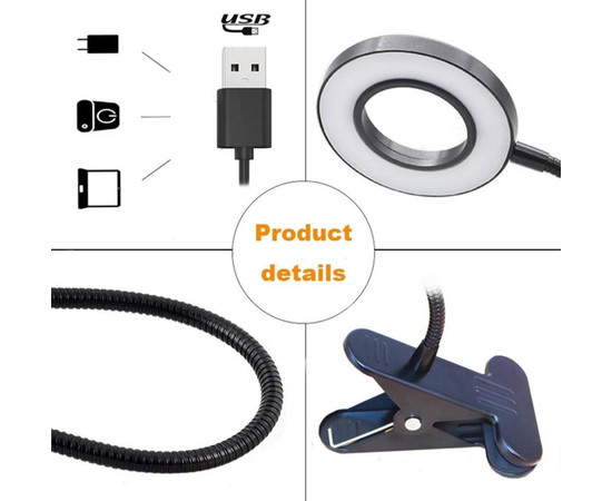 Зображення 7 Настільна кільцева міні-LED лампа FS-18 для освітлення (гнучка, на прищіпці) на USB, 5 Вт. Чорний