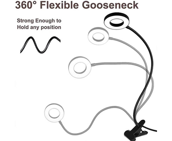 Зображення 3 Настільна кільцева міні-LED лампа FS-18 для освітлення (гнучка, на прищіпці) на USB, 5 Вт. Чорний