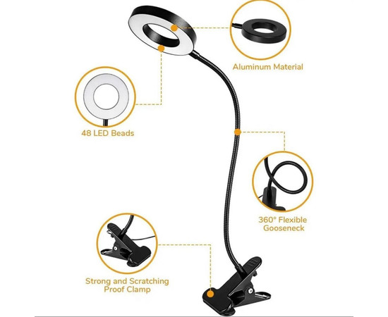 Зображення 5 Настільна кільцева міні-LED лампа FS-18 для освітлення (гнучка, на прищіпці) на USB, 5 Вт. Чорний