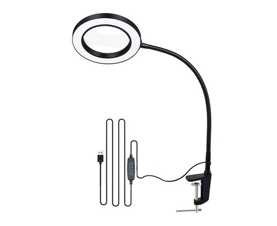 Изображение 2 Настольная LED лампа-лупа FS-059 (х5 увеличение) на гибкой ножке черного цвета на струбцине, 12 Вт.