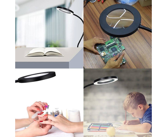 Изображение 5 Настольная LED лампа-лупа FS-059 (х5 увеличение) на гибкой ножке черного цвета на струбцине, 12 Вт.