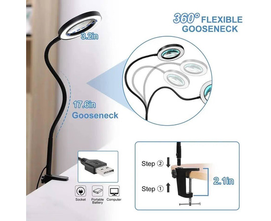 Изображение 8 Настольная LED лампа-лупа FS-059 (х5 увеличение) на гибкой ножке черного цвета на струбцине, 12 Вт.