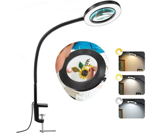 Изображение 4 Настольная LED лампа-лупа FS-059 (х5 увеличение) на гибкой ножке черного цвета на струбцине, 12 Вт.