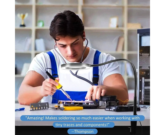 Изображение 9 Настольная LED лампа-лупа FS-059 (х5 увеличение) на гибкой ножке черного цвета на струбцине, 12 Вт.