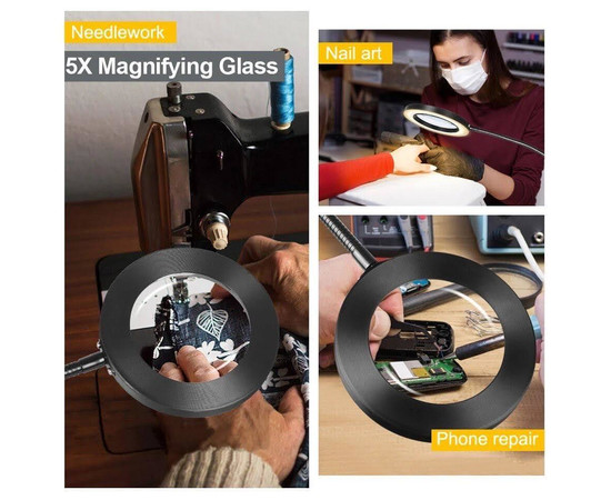 Изображение 7 Настольная LED лампа-лупа FS-059 (х5 увеличение) на гибкой ножке черного цвета на струбцине, 12 Вт.