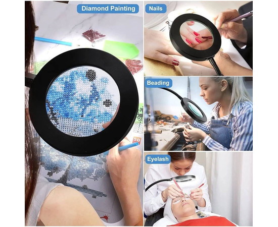 Изображение 6 Настольная LED лампа-лупа FS-059 (х5 увеличение) на гибкой ножке черного цвета на струбцине, 12 Вт.