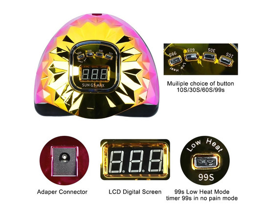 Зображення 6 UV/LED лампа SUN G5 Maх для манікюру та педикюру з дисплеєм 288 Вт. Золотий