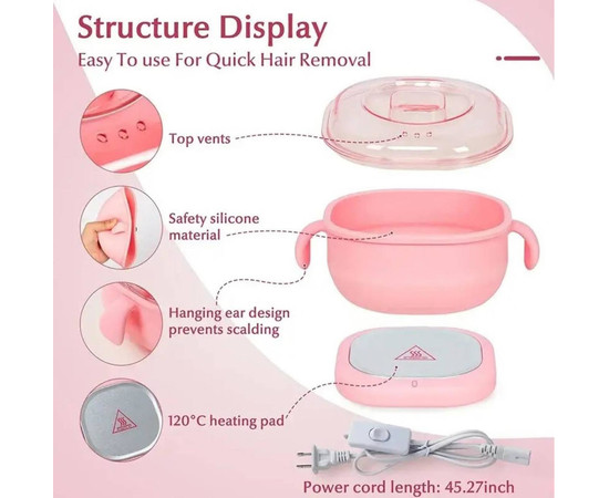 Изображение 4 Баночный воскоплав SS-001A с силиконовой чашей для депиляции на 400 мл. и 100 Вт. Розовый, Объем (мл, г): 400, Цвет: Розовый