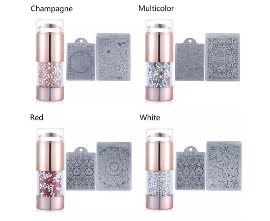 Зображення 2 Подвійний штамп для стемпінгу зі стразами + 2 скрапери (прозора та молочна подушечки) Різнокольорові