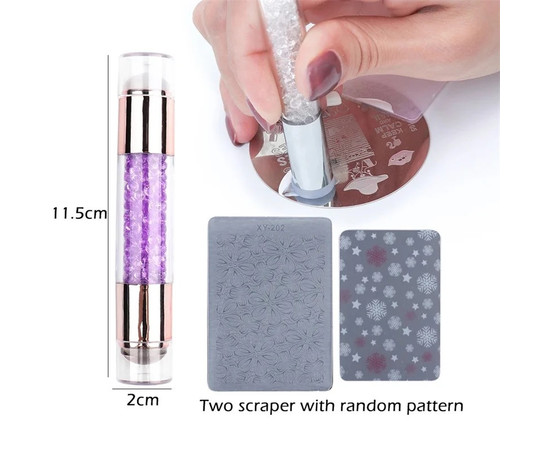 Зображення 6 Двосторонній штамп для стемпінгу з камінчиками + 2 скрапера (скребка) з різними візерунками Фіолетовий
