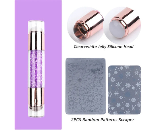 Зображення 3 Двосторонній штамп для стемпінгу з камінчиками + 2 скрапера (скребка) з різними візерунками Фіолетовий