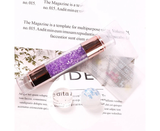 Зображення 4 Двосторонній штамп для стемпінгу з камінчиками + 2 скрапера (скребка) з різними візерунками Фіолетовий