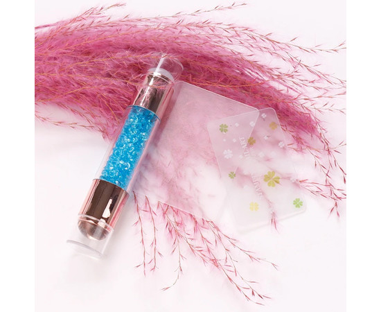 Зображення 2 Двосторонній штамп для стемпінгу з камінчиками + 2 скрапера (скребка) з різними візерунками Синій