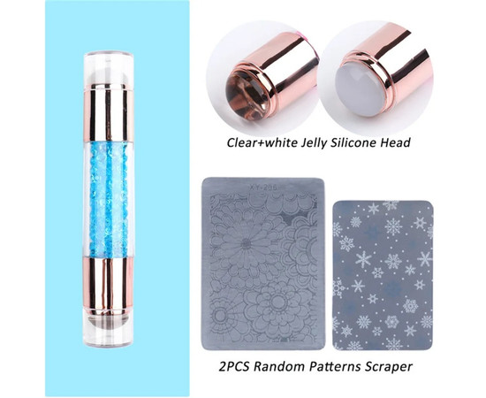 Зображення 3 Двосторонній штамп для стемпінгу з камінчиками + 2 скрапера (скребка) з різними візерунками Синій