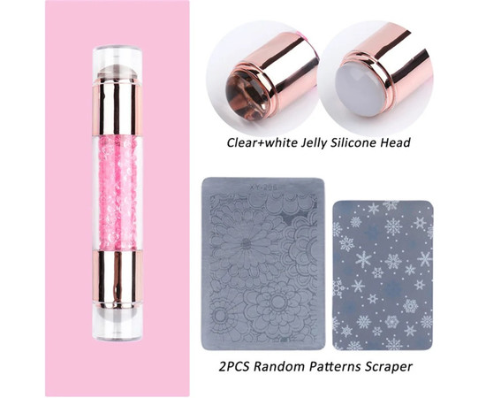 Зображення 3 Двосторонній штамп для стемпінгу з камінчиками + 2 скрапера (скребка) з різними візерунками Рожевий